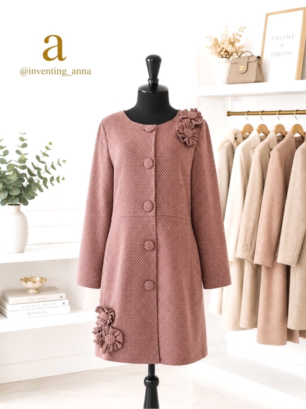 YOUNG ESSENCE Mauve/Brown Polka Dot Long-Sleeve Shift Coat w/Floral Applique